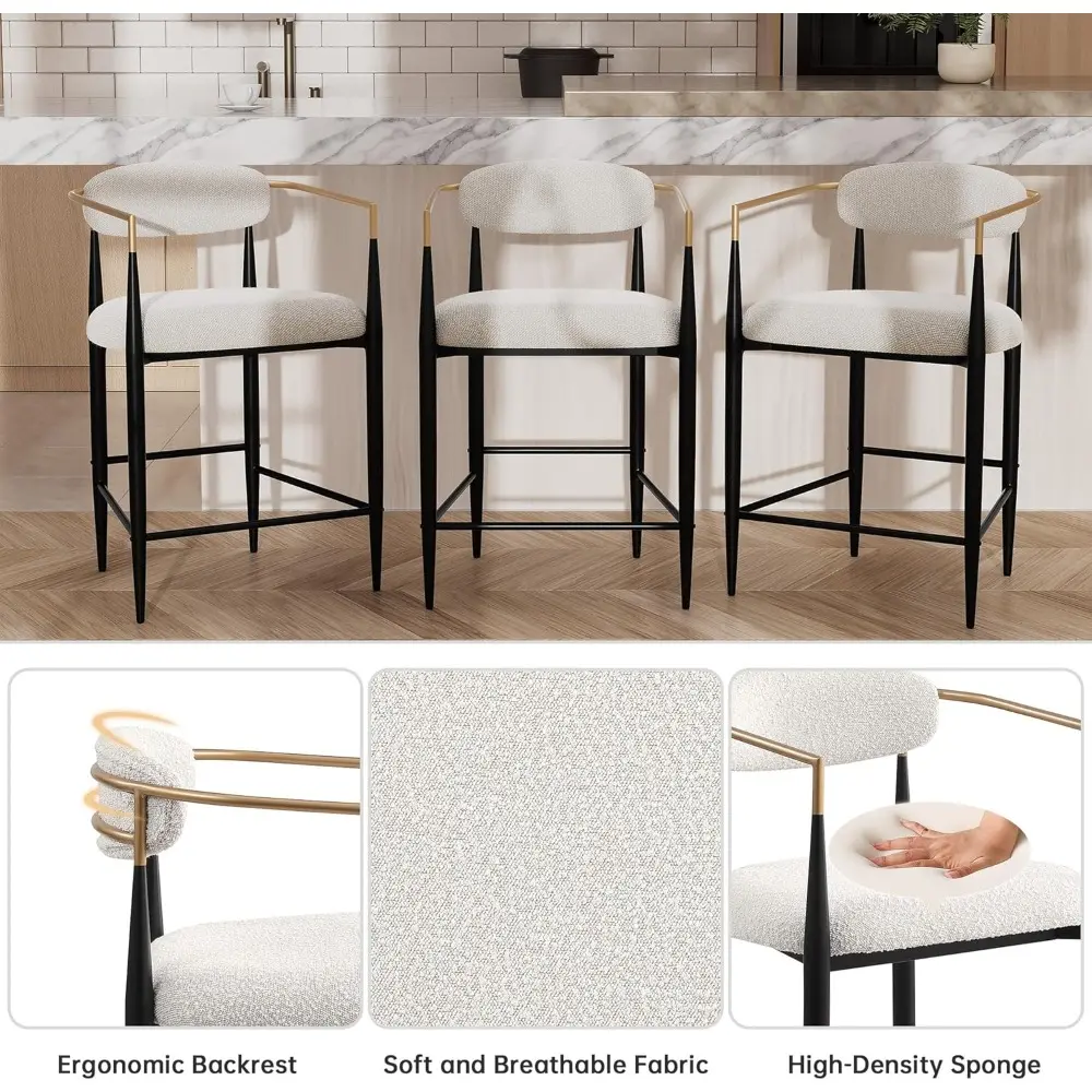 Pair of Modern Counter Height Stools: Upholstered with Gold Accents and Black Legs