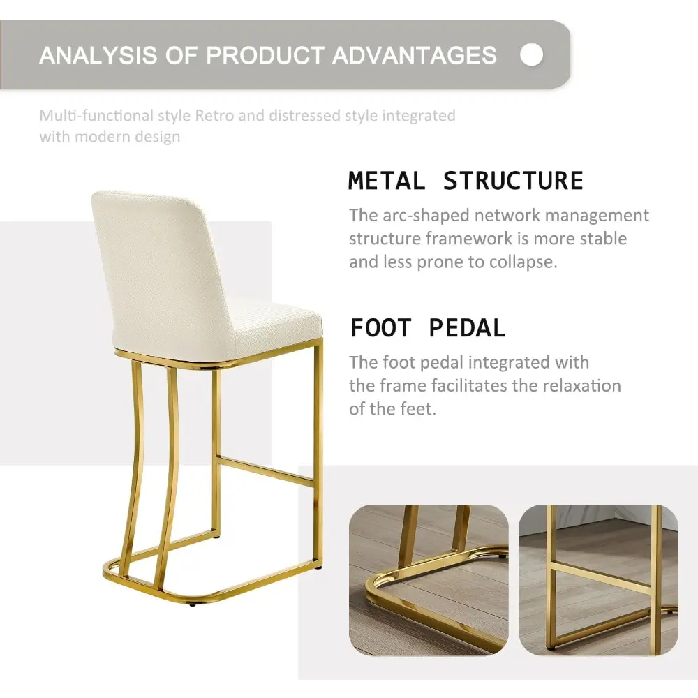 Set of 4 Modern Leather Counter Height Bar Stools with Backrest and Gold Metal Frame