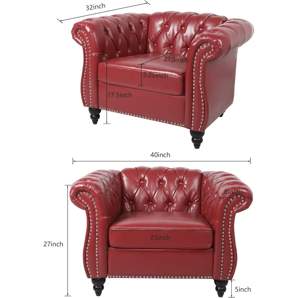 Chesterfield Chair, Modern Leather Tufted Accent Sofa Couch Chair with Rolled Arms and Nailhead for Living Room, Bedroom, Office