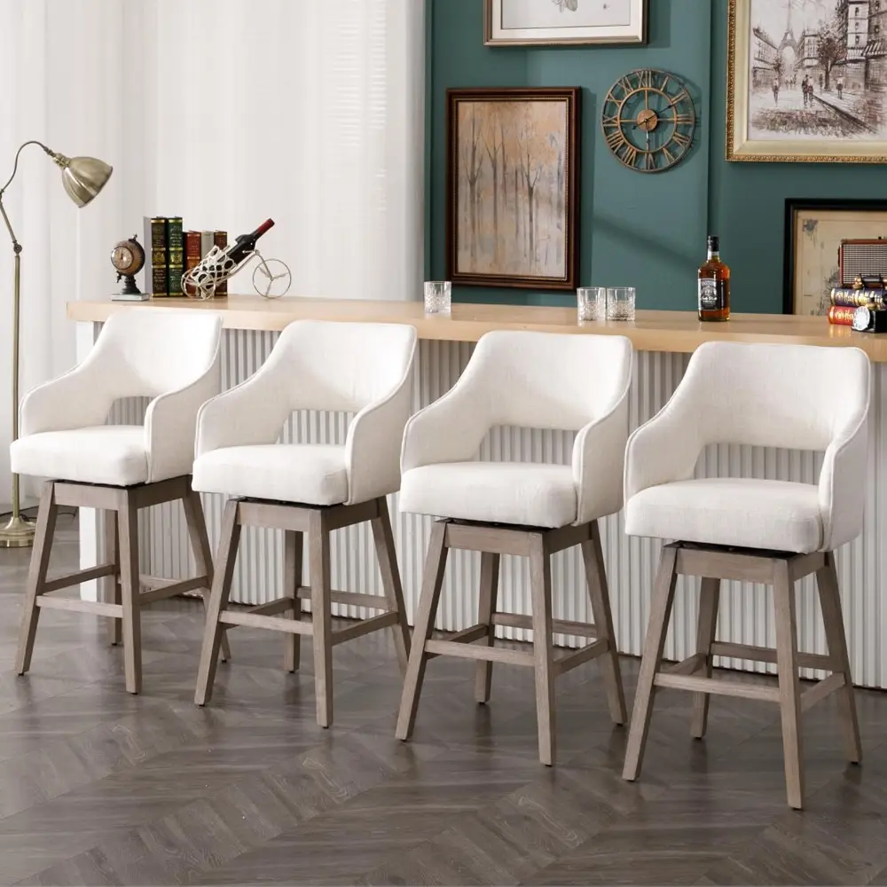 "Set of 2 Counter Height Swivel Bar Stools with 5-Inch Upholstered Linen Seats and High Backs on Solid Wood Bases"