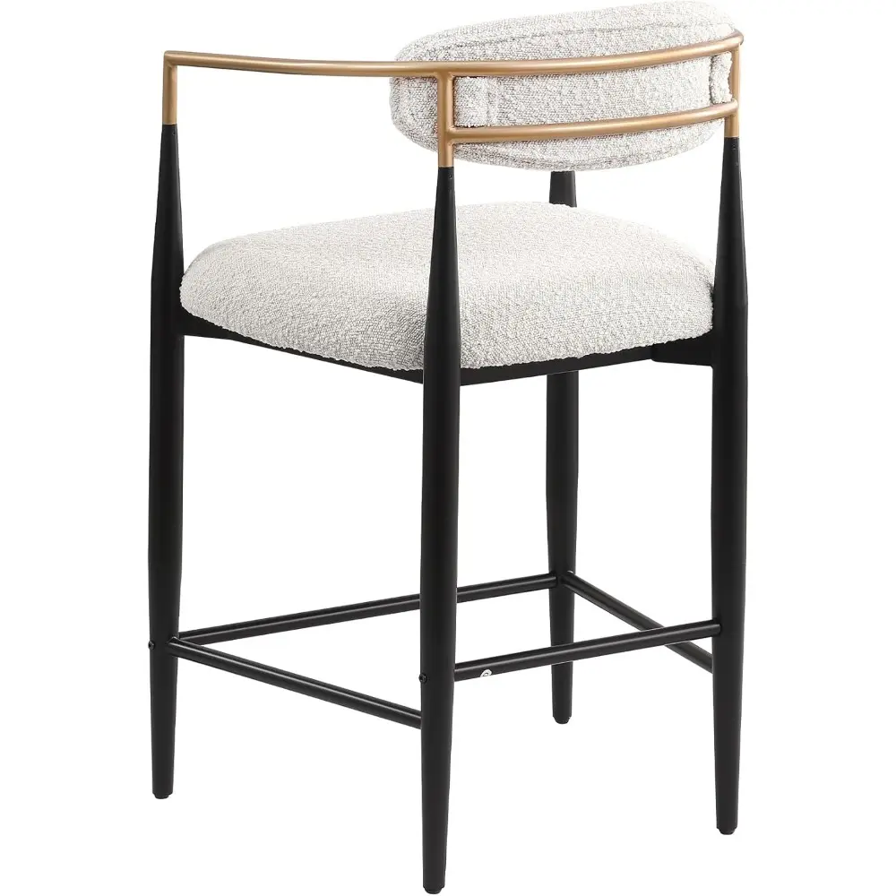 Pair of Modern Counter Height Stools: Upholstered with Gold Accents and Black Legs