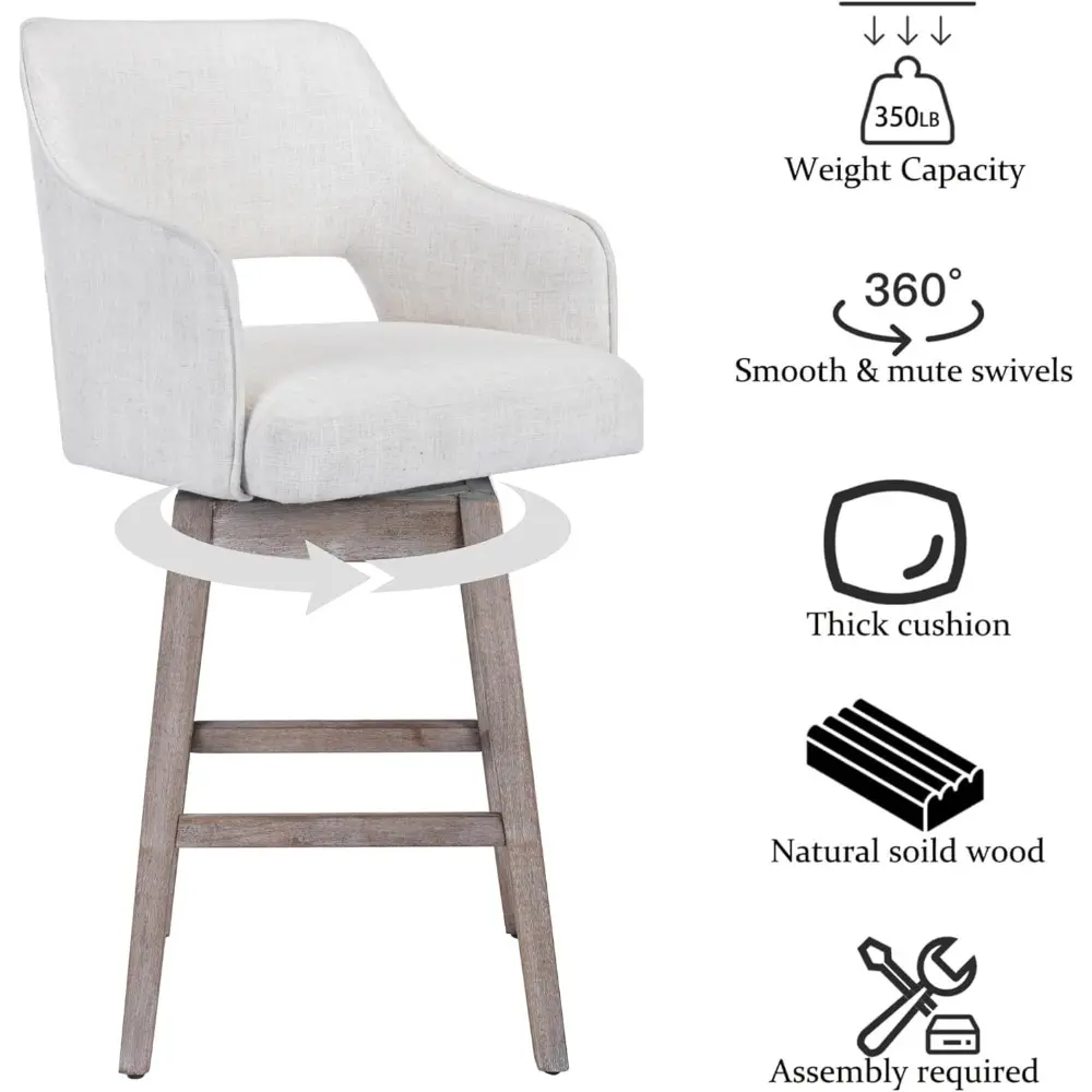"Set of 2 Counter Height Swivel Bar Stools with 5-Inch Upholstered Linen Seats and High Backs on Solid Wood Bases"