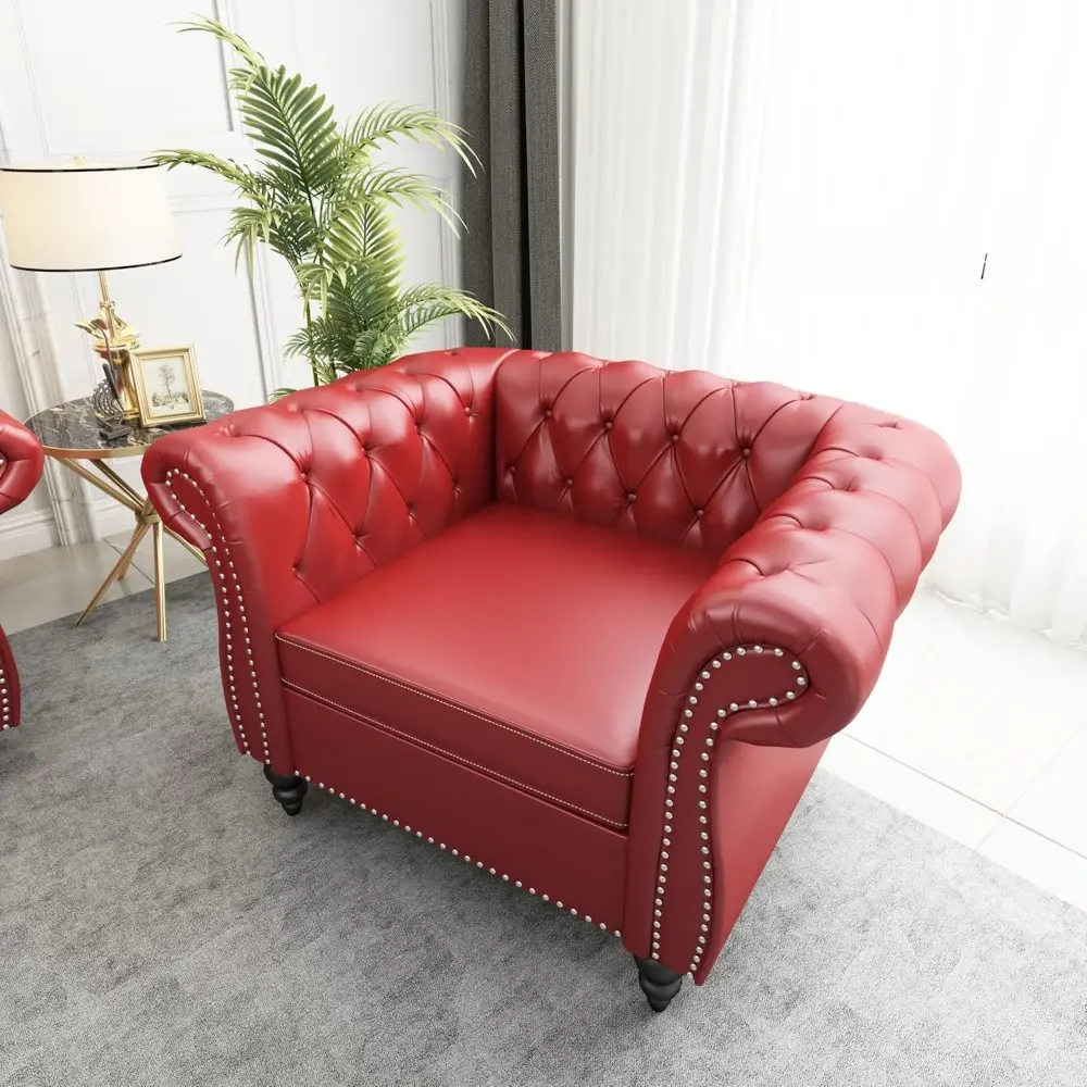 Chesterfield Chair, Modern Leather Tufted Accent Sofa Couch Chair with Rolled Arms and Nailhead for Living Room, Bedroom, Office