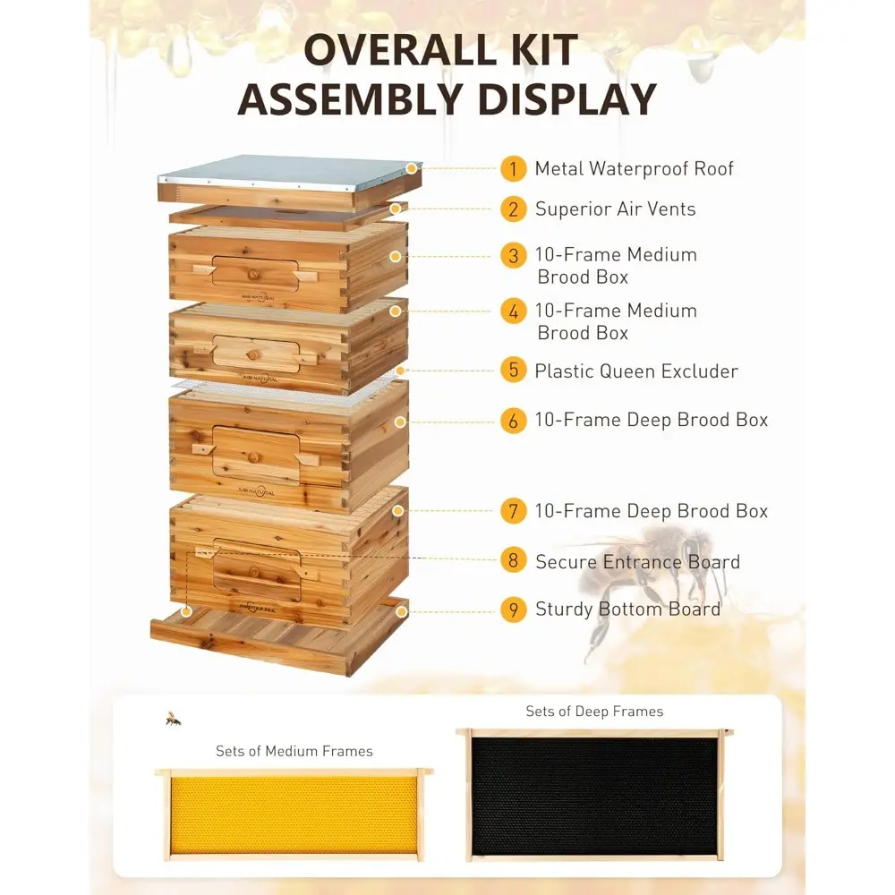 Bee Hive 10 Frame Bee Box Starter Kit, Beeswax Coated Bee Hives for Beekeepers, 2 Deep + 2 Medium Langstroth Beehive Kit, Beekee