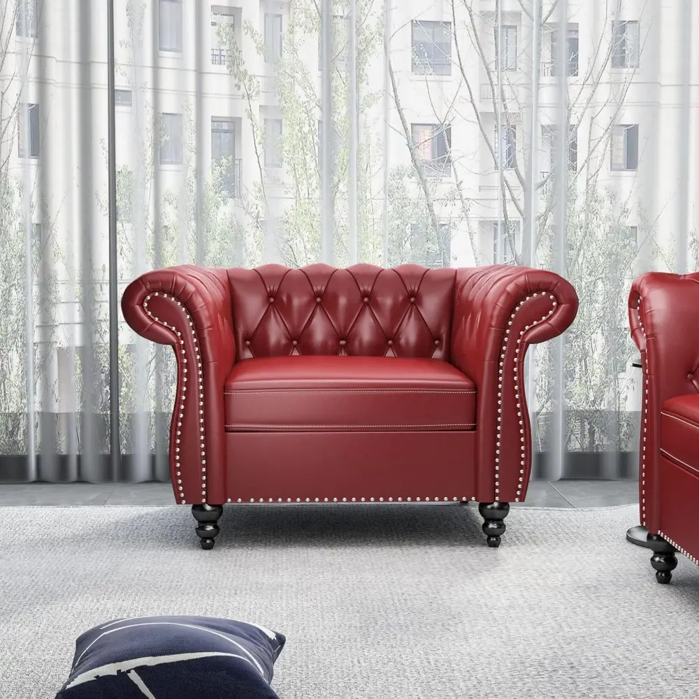 Chesterfield Chair, Modern Leather Tufted Accent Sofa Couch Chair with Rolled Arms and Nailhead for Living Room, Bedroom, Office