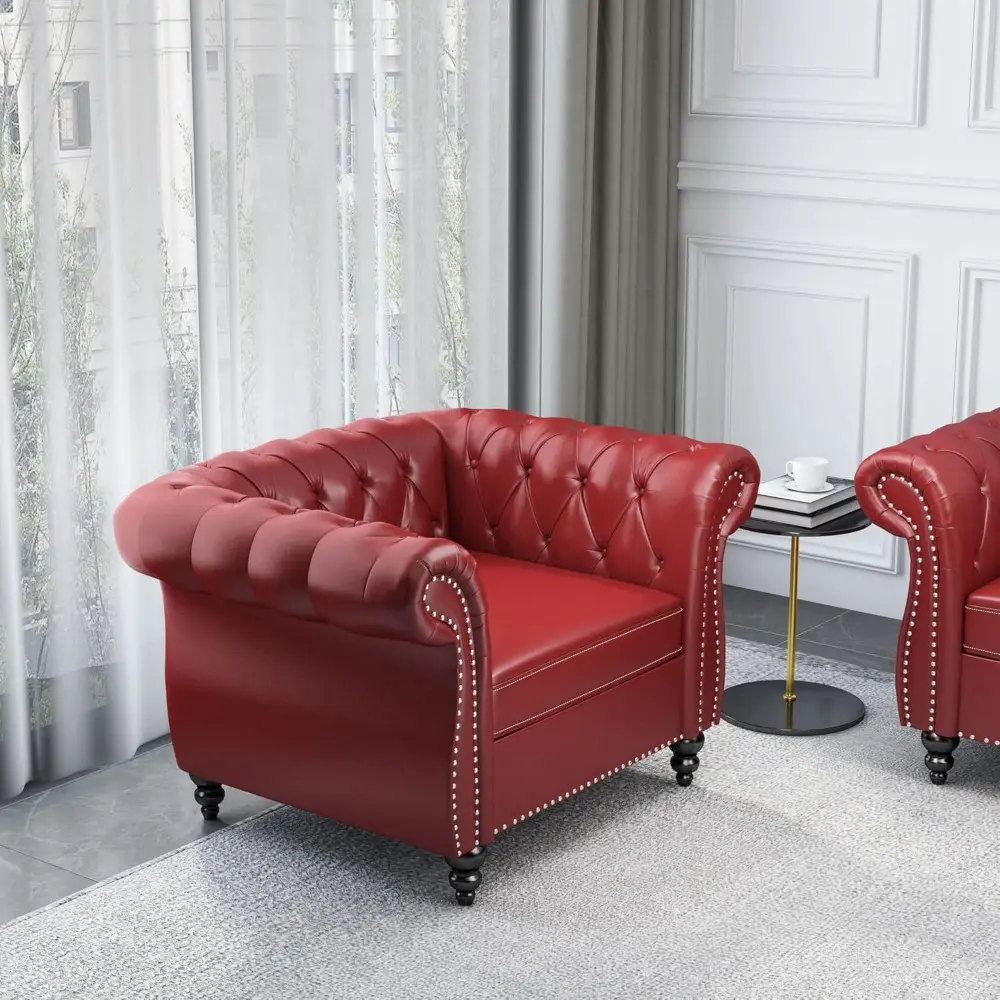 Chesterfield Chair, Modern Leather Tufted Accent Sofa Couch Chair with Rolled Arms and Nailhead for Living Room, Bedroom, Office