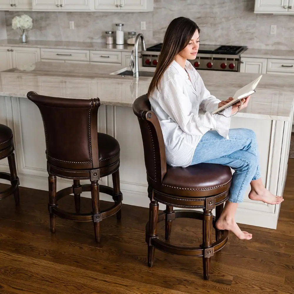 "26 Inch Counter Height Swivel Bar Stool - Crafted with Dark Walnut and Vintage Brown Vegan Leather Upholstery"