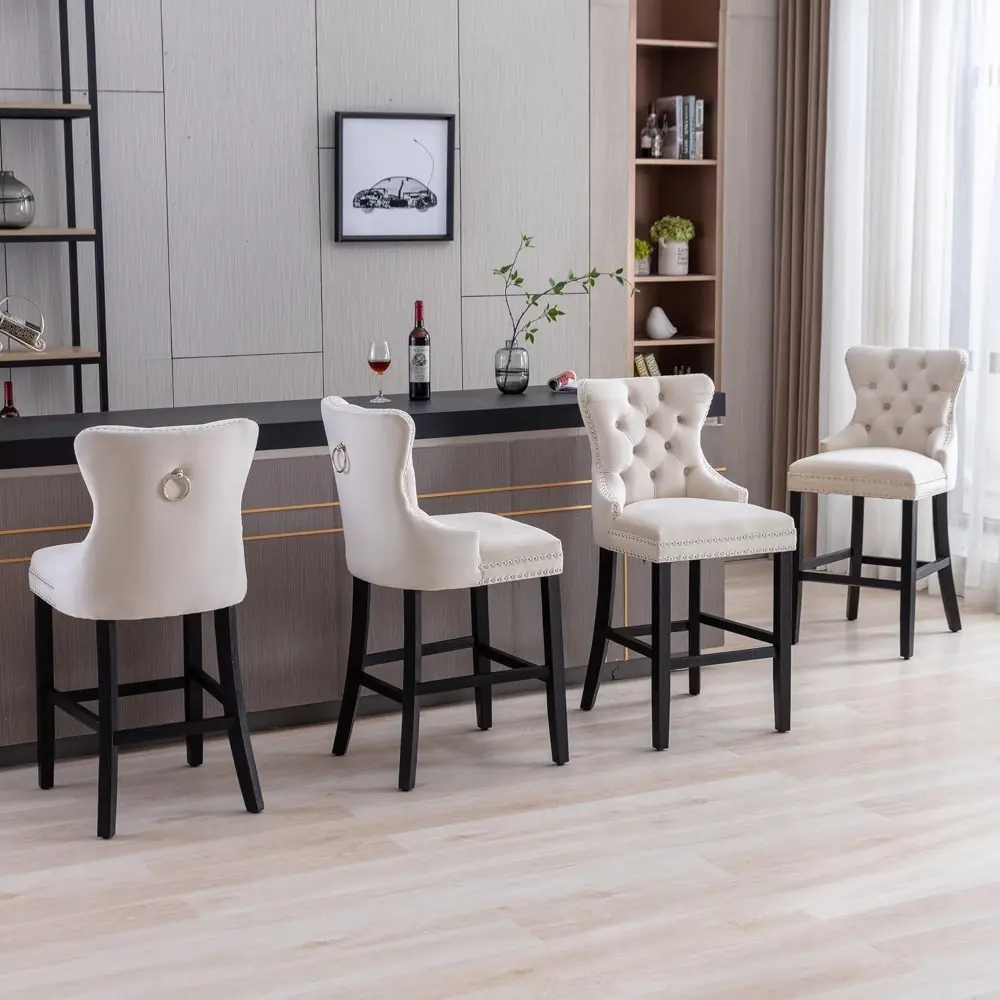 Set of 4 Velvet Button Tufted Counter Height Bar Stools with 26 Inch Seats and Rivet Trim Backrests