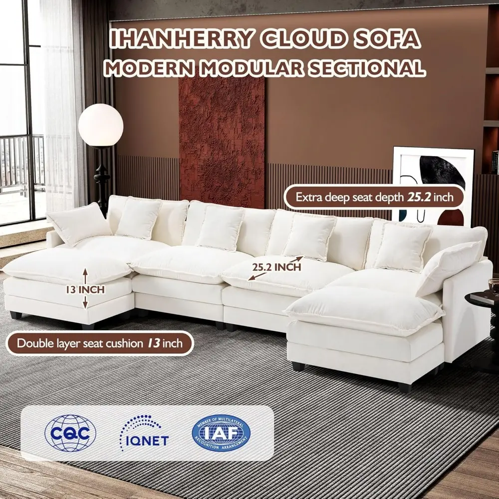 146" U-Shaped Modern Sofa Modular Sectional Cloud Couch with 2 Ottoman, 6-Seat Chenille Deep Seat Sofa with 6 Pillows for Livin
