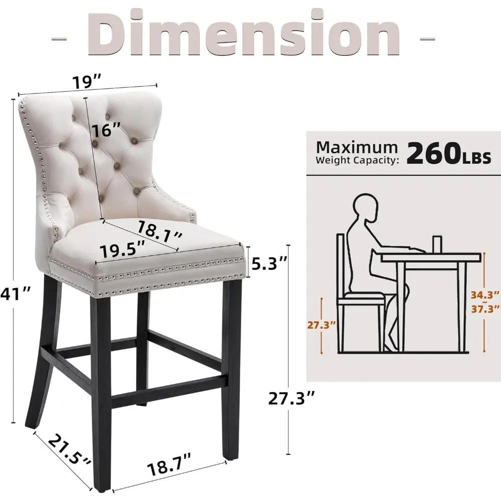 Set of 4 Velvet Button Tufted Counter Height Bar Stools with 26 Inch Seats and Rivet Trim Backrests