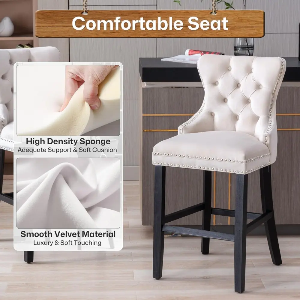 Set of 4 Velvet Button Tufted Counter Height Bar Stools with 26 Inch Seats and Rivet Trim Backrests