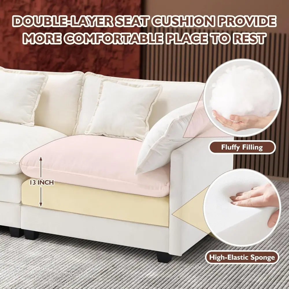 146" U-Shaped Modern Sofa Modular Sectional Cloud Couch with 2 Ottoman, 6-Seat Chenille Deep Seat Sofa with 6 Pillows for Livin