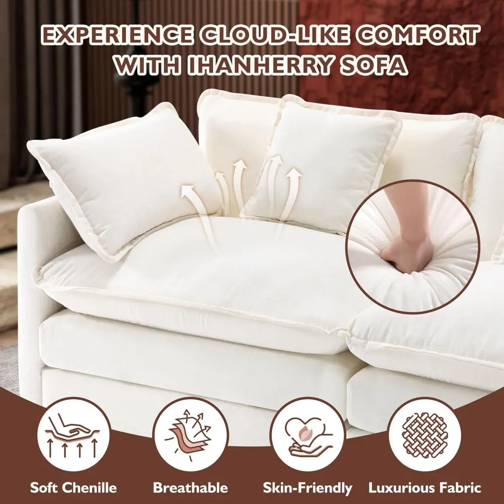 146" U-Shaped Modern Sofa Modular Sectional Cloud Couch with 2 Ottoman, 6-Seat Chenille Deep Seat Sofa with 6 Pillows for Livin