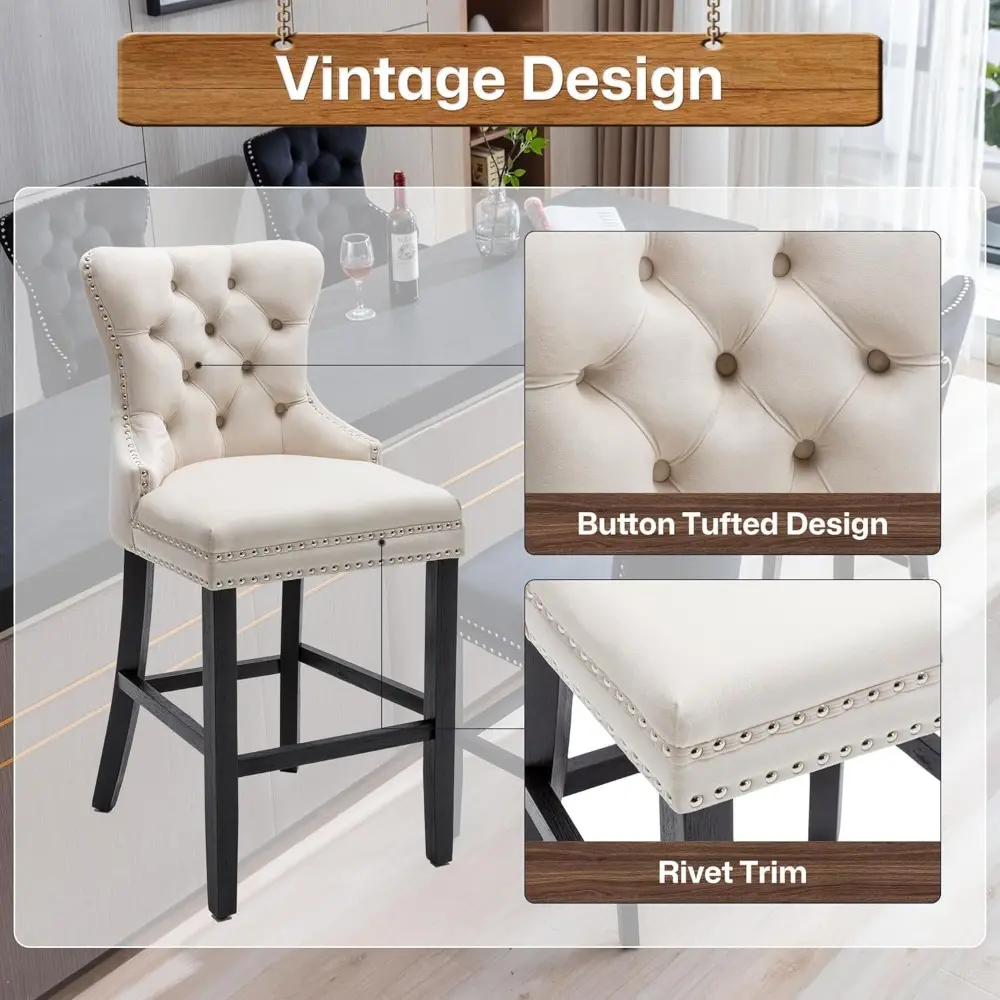 Set of 4 Velvet Button Tufted Counter Height Bar Stools with 26 Inch Seats and Rivet Trim Backrests