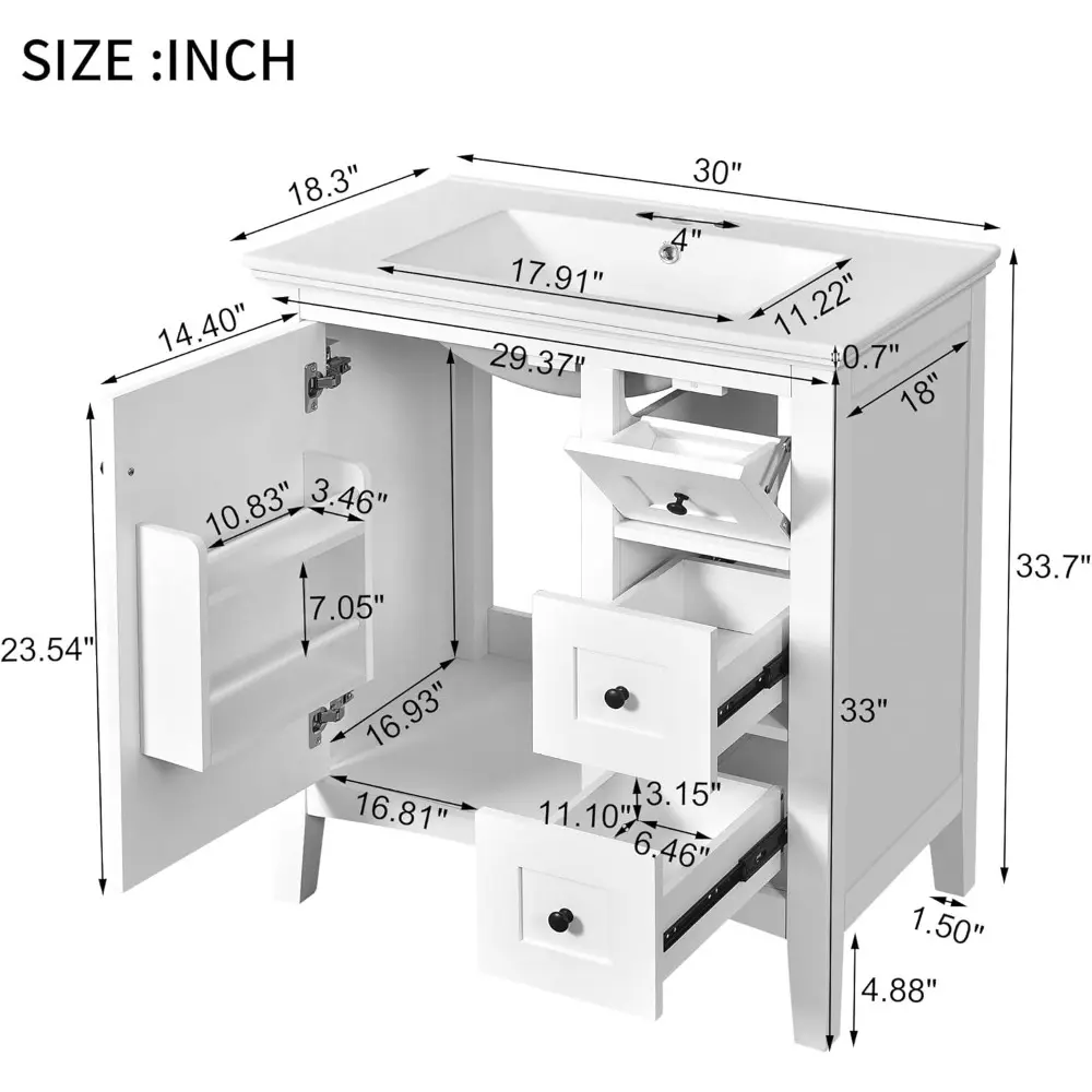 30" Bathroom Vanity with Ceramic Sink, Modern Bathroom Storage Cabinet with 1 Door and 3 Drawers, Solid Wood Frame Bathroom Vani