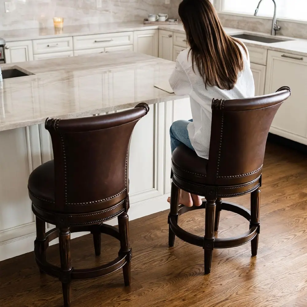 "26 Inch Counter Height Swivel Bar Stool - Crafted with Dark Walnut and Vintage Brown Vegan Leather Upholstery"