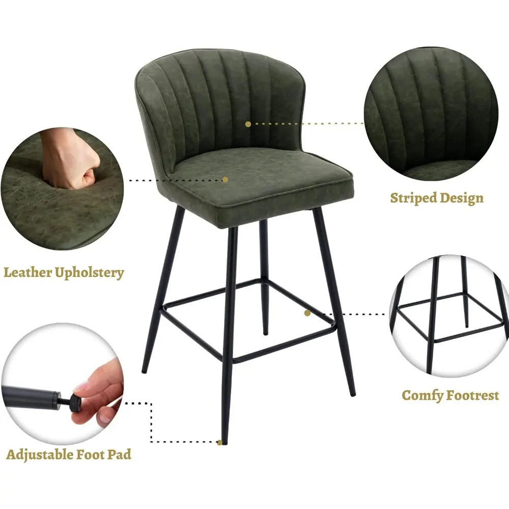 Set of 4 Modern Leather Bar Stools with Backrest, 26 Inch Counter Height, Comfortable Metal Footrest Chairs