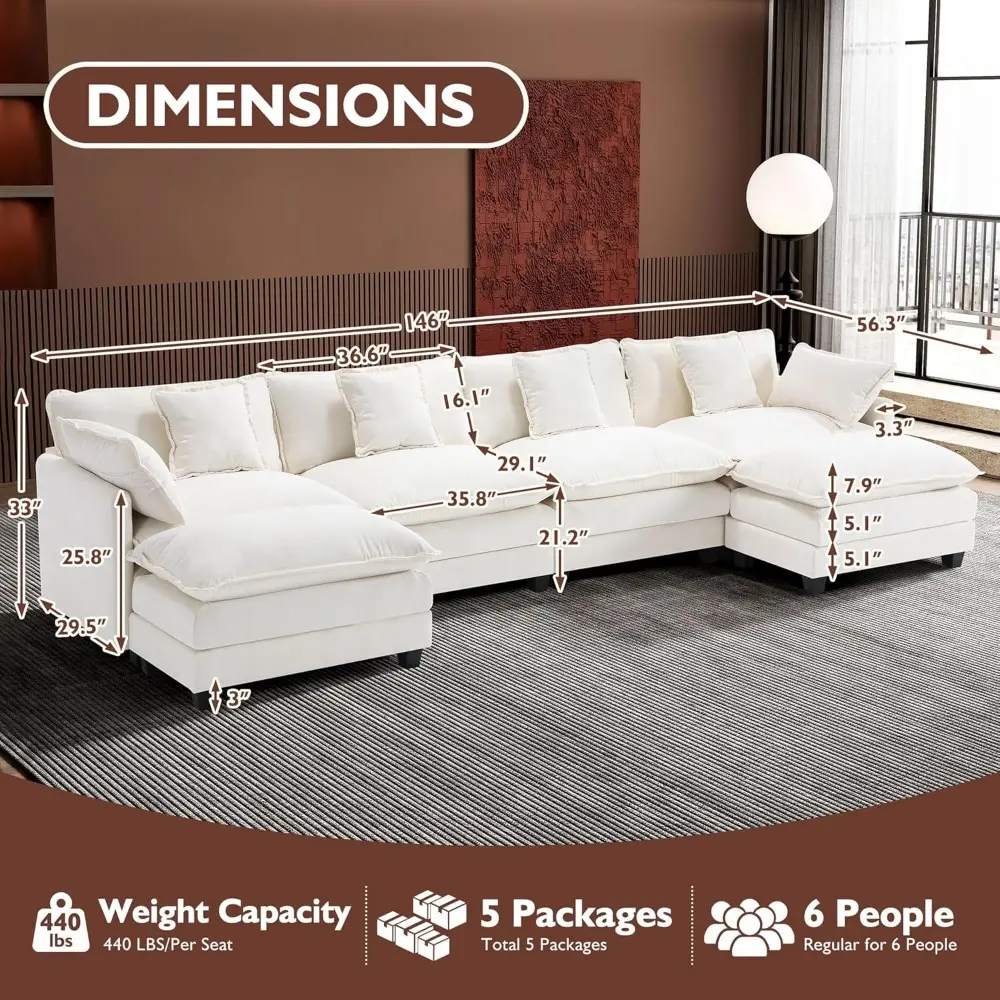 146" U-Shaped Modern Sofa Modular Sectional Cloud Couch with 2 Ottoman, 6-Seat Chenille Deep Seat Sofa with 6 Pillows for Livin
