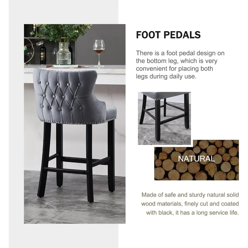 Set of 4 Velvet Tufted Counter Height Bar Stools with Backrest, Upholstered Wooden Seats for Kitchen Island, Dining, Cafe, and P