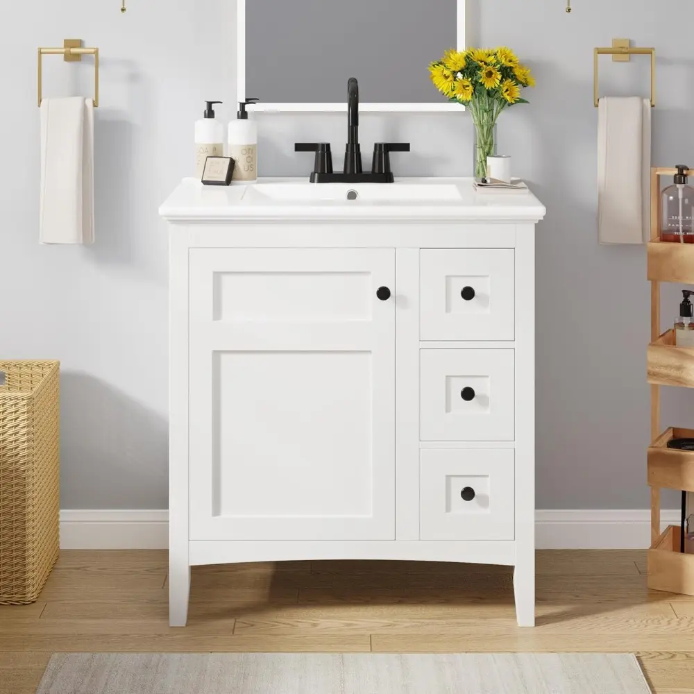 30" Bathroom Vanity with Ceramic Sink, Modern Bathroom Storage Cabinet with 1 Door and 3 Drawers, Solid Wood Frame Bathroom Vani
