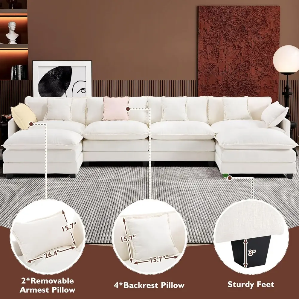 146" U-Shaped Modern Sofa Modular Sectional Cloud Couch with 2 Ottoman, 6-Seat Chenille Deep Seat Sofa with 6 Pillows for Livin