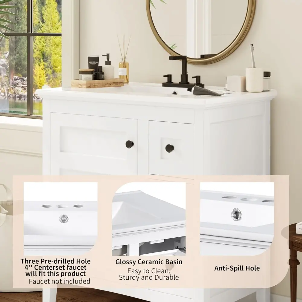 30" Bathroom Vanity with Ceramic Sink, Modern Bathroom Storage Cabinet with 1 Door and 3 Drawers, Solid Wood Frame Bathroom Vani