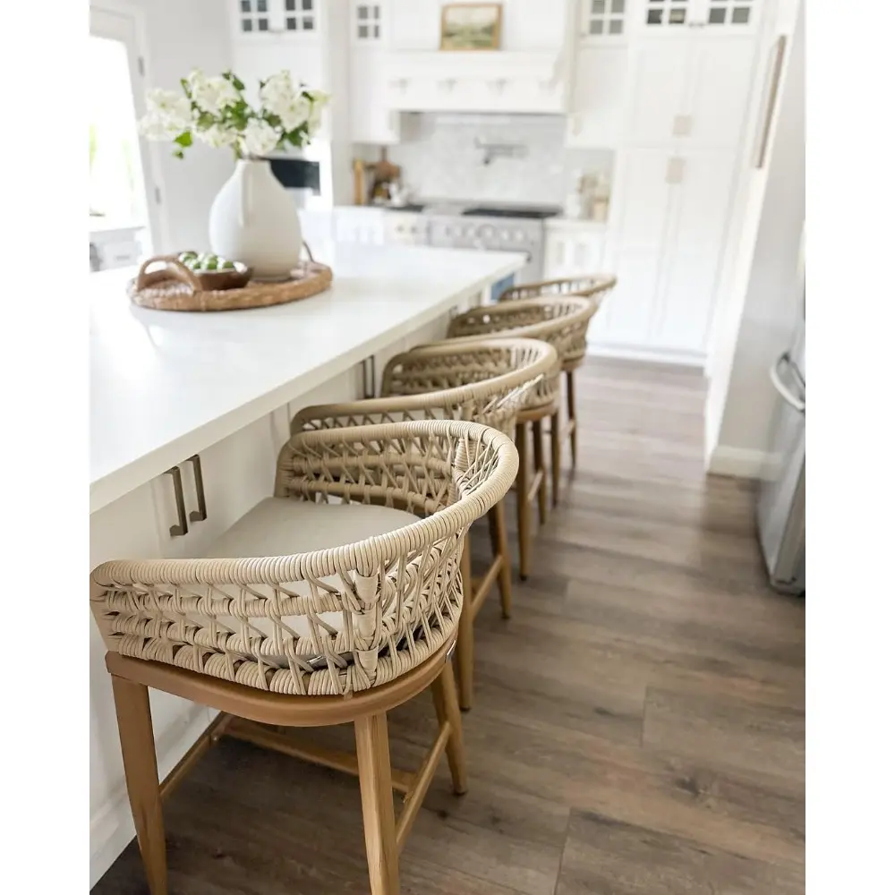 "Set of 2 Modern Outdoor Rattan Bar Stools, 24" Counter Height with Upholstered Seat and Backrest, Suitable for Indoor and Outdo