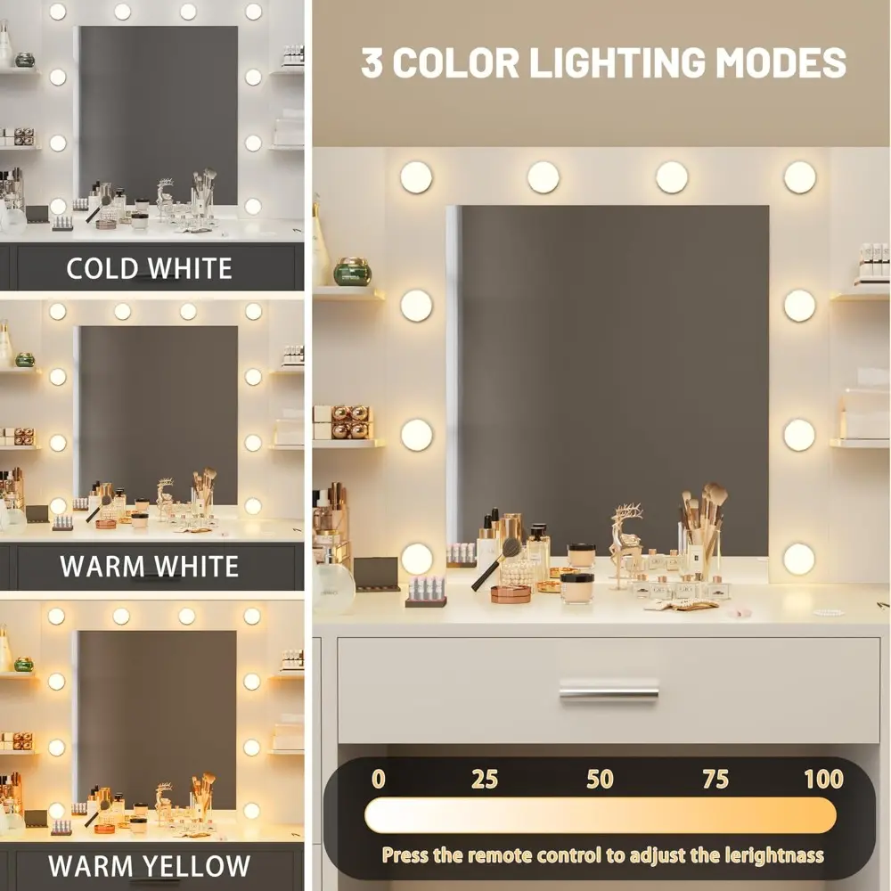 Vanity Desk with Mirror, LED Lights and Power Outlet Makeup Vanity Table with 7 Drawers and 6 Storage Shelves Dressing Table fo