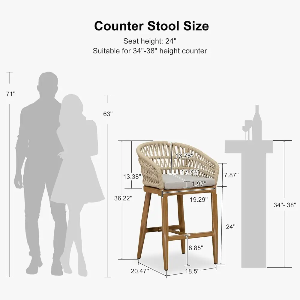"Set of 2 Modern Outdoor Rattan Bar Stools, 24" Counter Height with Upholstered Seat and Backrest, Suitable for Indoor and Outdo