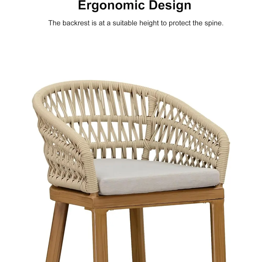 "Set of 2 Modern Outdoor Rattan Bar Stools, 24" Counter Height with Upholstered Seat and Backrest, Suitable for Indoor and Outdo