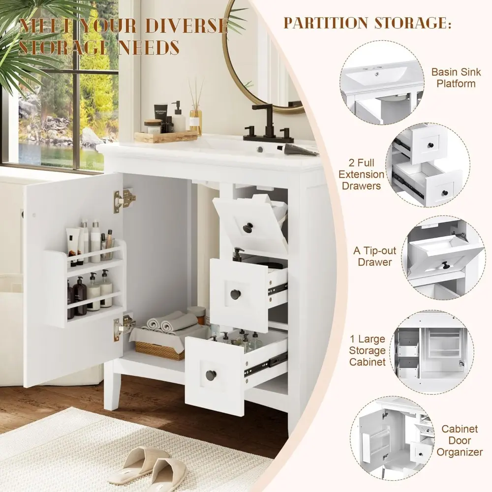 30" Bathroom Vanity with Ceramic Sink, Modern Bathroom Storage Cabinet with 1 Door and 3 Drawers, Solid Wood Frame Bathroom Vani