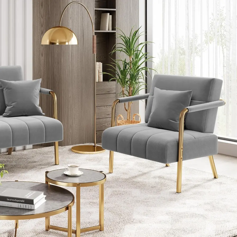 30" W Accent Chair Velvet Oversized Armchair Living Room Chair with Golden Frame & Cozy Pillow for Living Room, Bedroom, Office