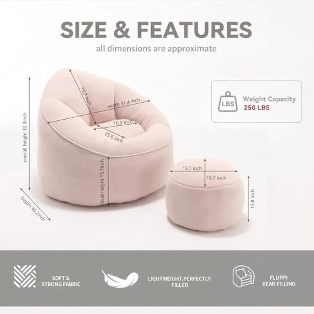 Comfy Bean Bag Sofa with Ottoman for Adults, Bean Bag Sofa Chairs Super Soft Lazy Chair with Memory Foam, Modern Bean Bag Chair