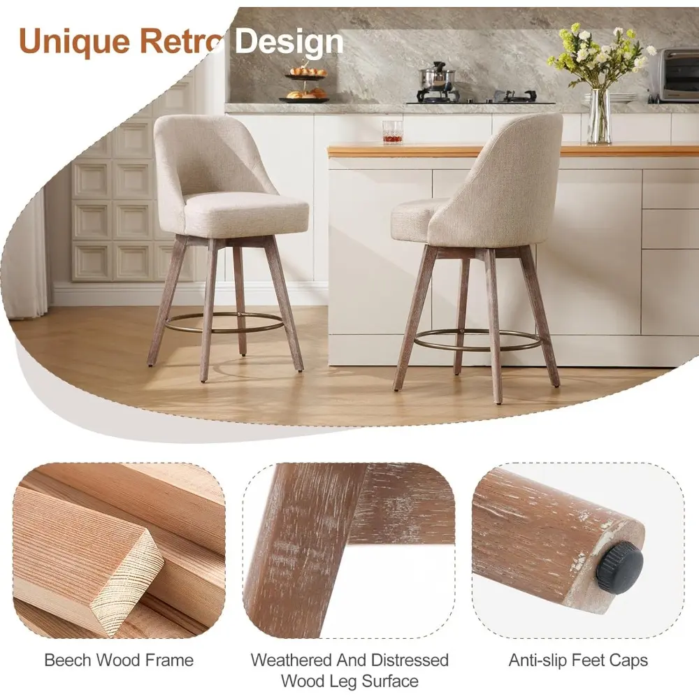 Set of 3 Modern Mid-Century Swivel Bar Stools with Backs, Wood Legs, and Linen Upholstery