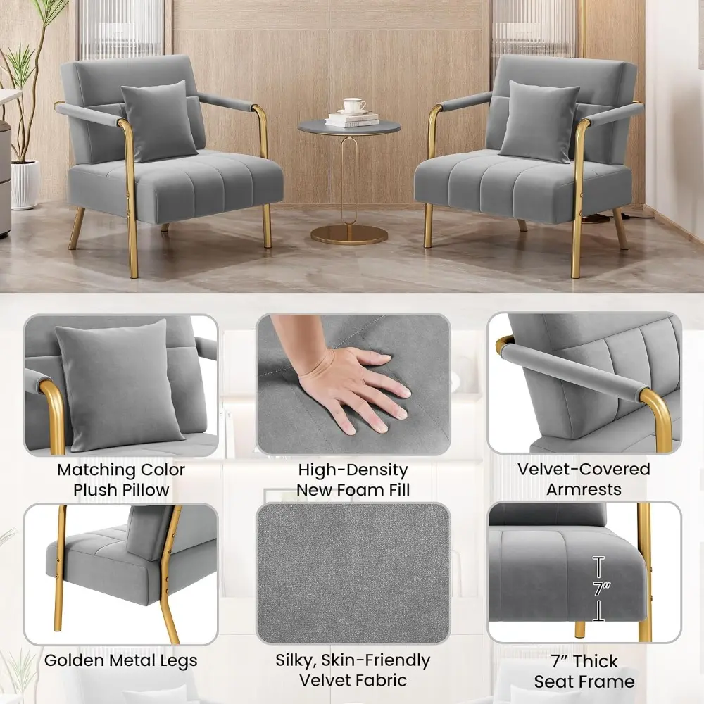 30" W Accent Chair Velvet Oversized Armchair Living Room Chair with Golden Frame & Cozy Pillow for Living Room, Bedroom, Office