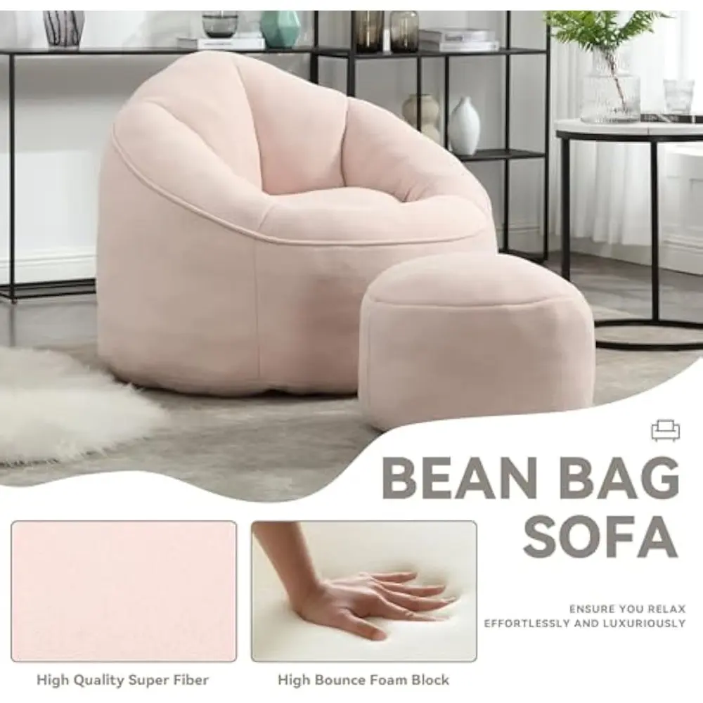 Comfy Bean Bag Sofa with Ottoman for Adults, Bean Bag Sofa Chairs Super Soft Lazy Chair with Memory Foam, Modern Bean Bag Chair