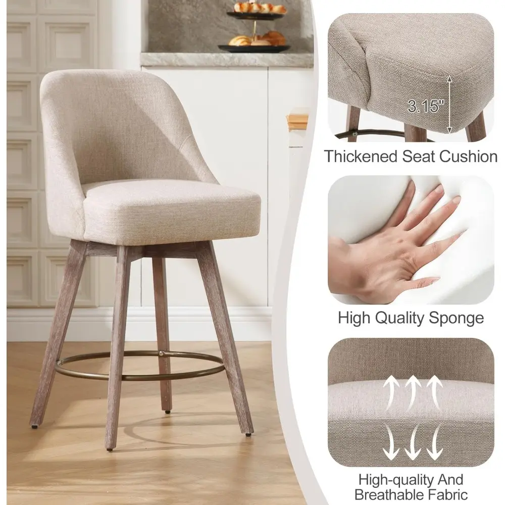 Set of 3 Modern Mid-Century Swivel Bar Stools with Backs, Wood Legs, and Linen Upholstery