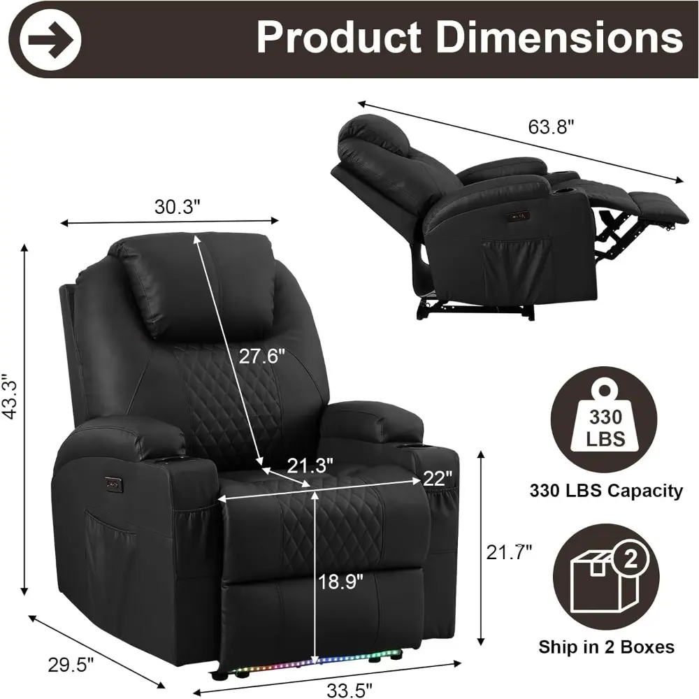 Adults' Faux Leather Power Recliner with Vibration Massage and Heat, Home Theater Seating with Cup Holders and LED Lights