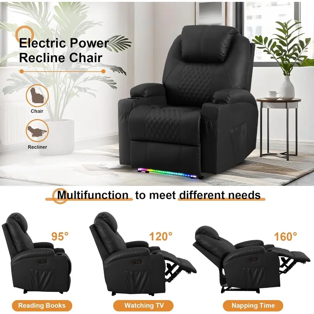 Adults' Faux Leather Power Recliner with Vibration Massage and Heat, Home Theater Seating with Cup Holders and LED Lights