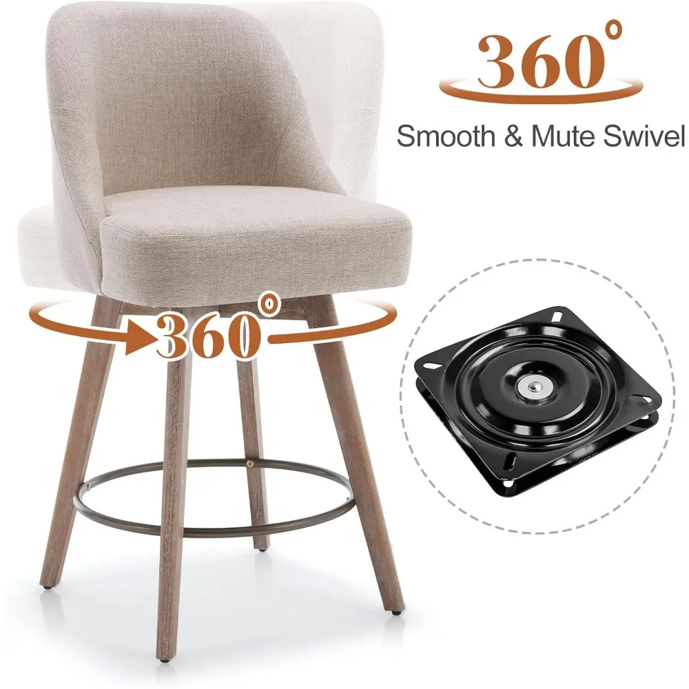 Set of 3 Modern Mid-Century Swivel Bar Stools with Backs, Wood Legs, and Linen Upholstery