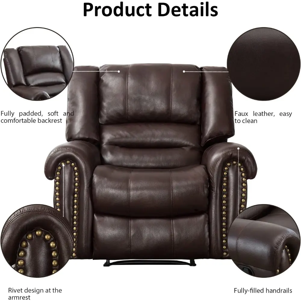 Leather Recliner Chair, Heavy Duty Manual Reclining Sofa Single Lounge Sofa for Living Room, Home Theater Seating, Brown