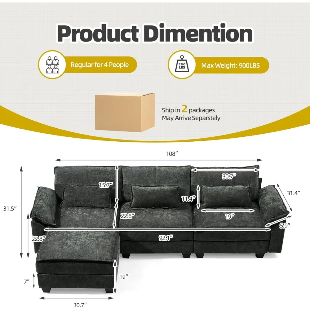 Modular Sectional Sofa for Living Room, Cloud Couch Sectional with USB, Movable Ottoman, 3-Layer, Modern Chenille Fabric, 22.8in