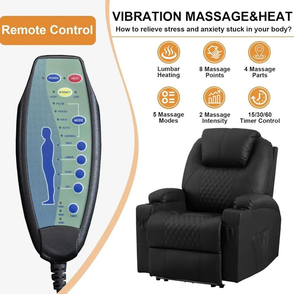 Adults' Faux Leather Power Recliner with Vibration Massage and Heat, Home Theater Seating with Cup Holders and LED Lights