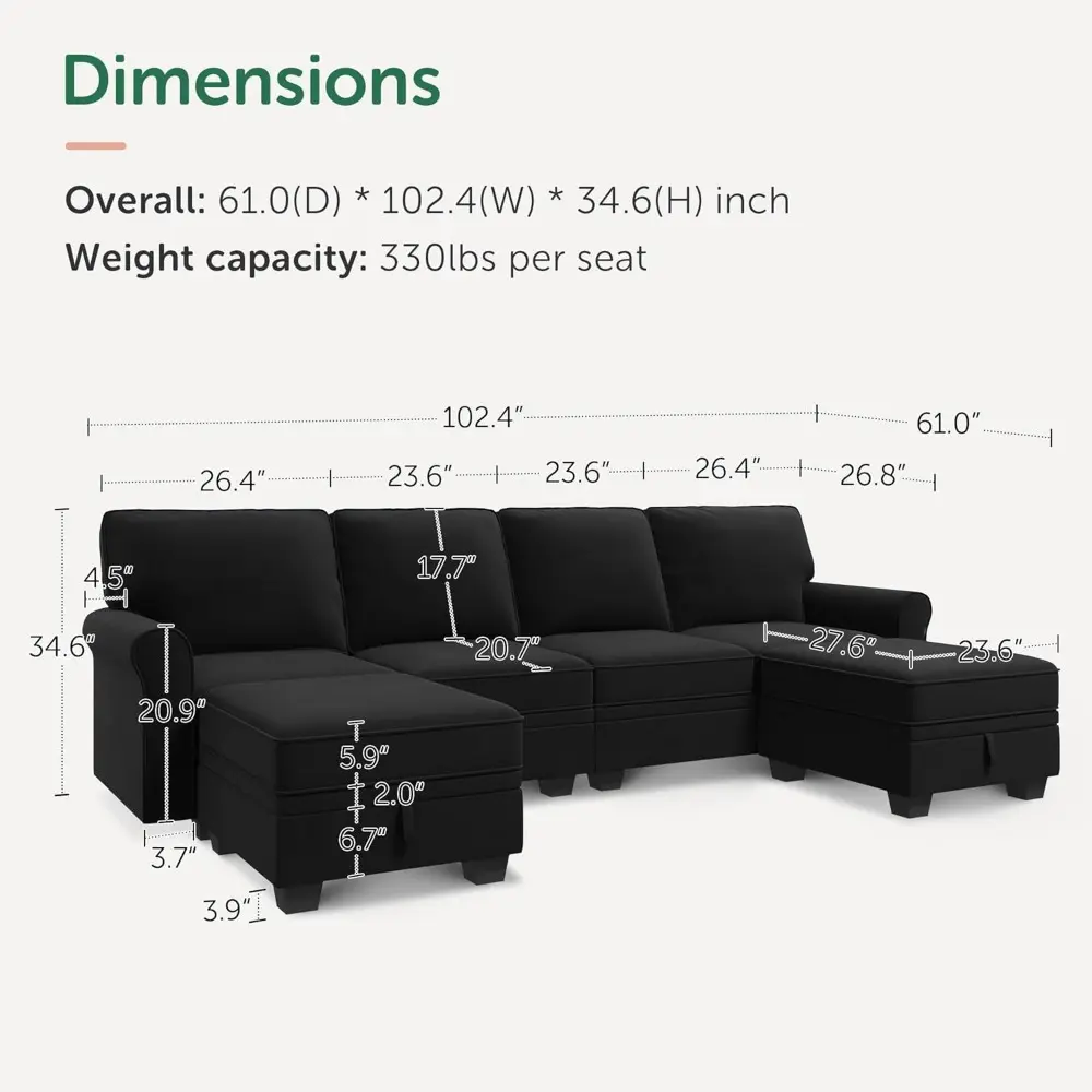 Sectional Sofa with Storage Seat Velvet U Shaped Couch with Reversible Chaise Convertible Sectional Couches for Living Room,Bla