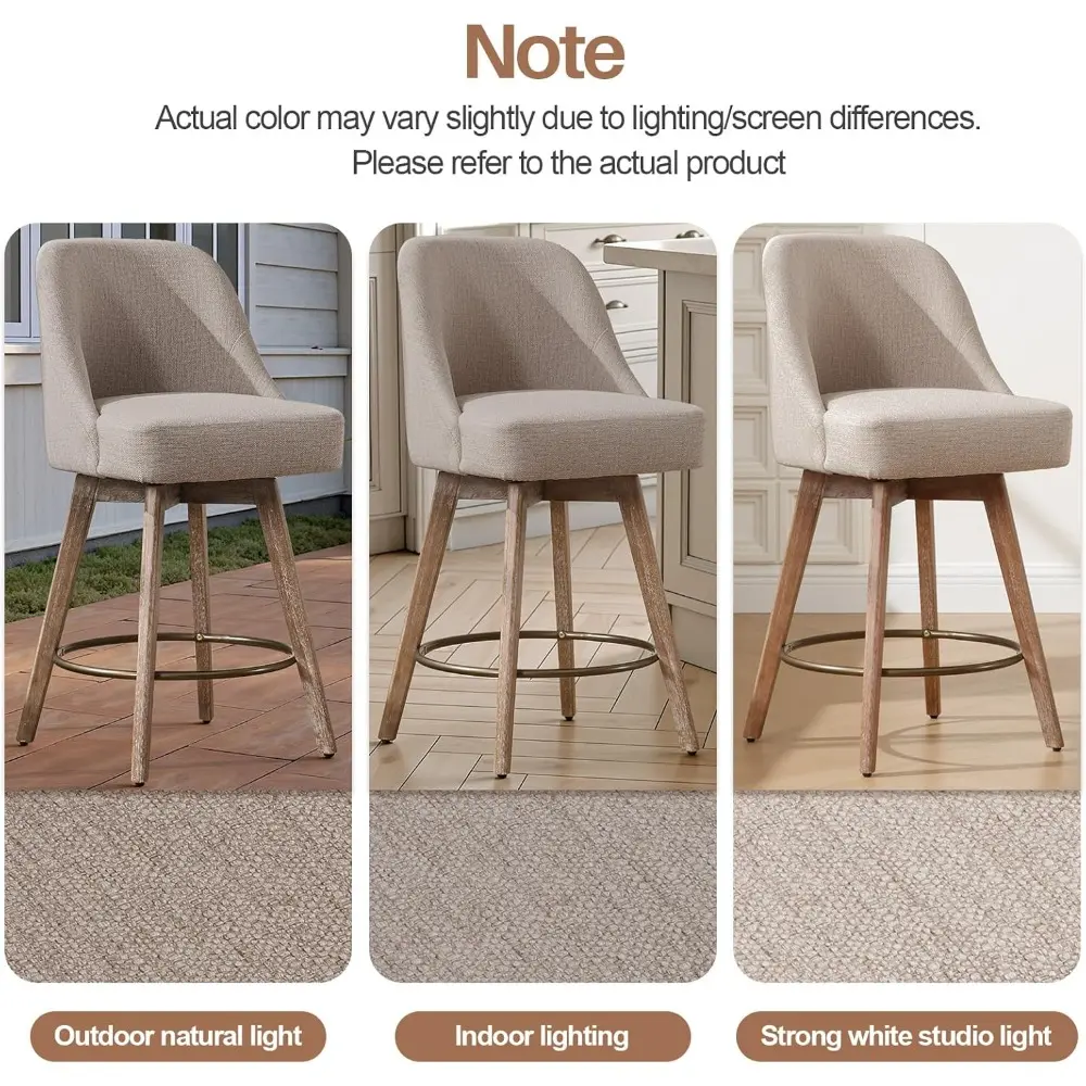 Set of 3 Modern Mid-Century Swivel Bar Stools with Backs, Wood Legs, and Linen Upholstery