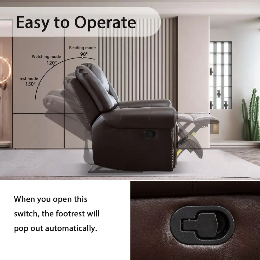 Leather Recliner Chair, Heavy Duty Manual Reclining Sofa Single Lounge Sofa for Living Room, Home Theater Seating, Brown