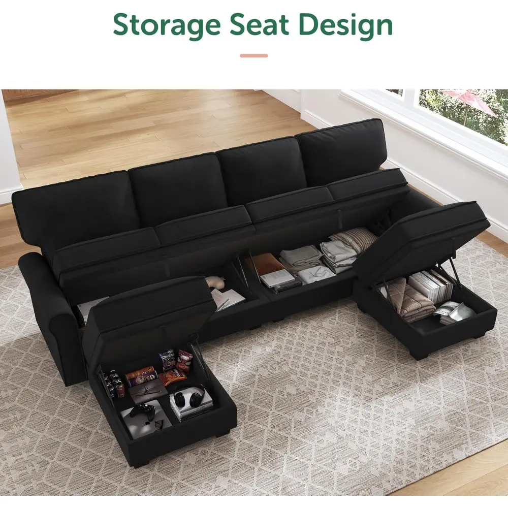 Sectional Sofa with Storage Seat Velvet U Shaped Couch with Reversible Chaise Convertible Sectional Couches for Living Room,Bla