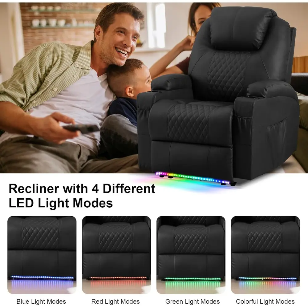 Adults' Faux Leather Power Recliner with Vibration Massage and Heat, Home Theater Seating with Cup Holders and LED Lights