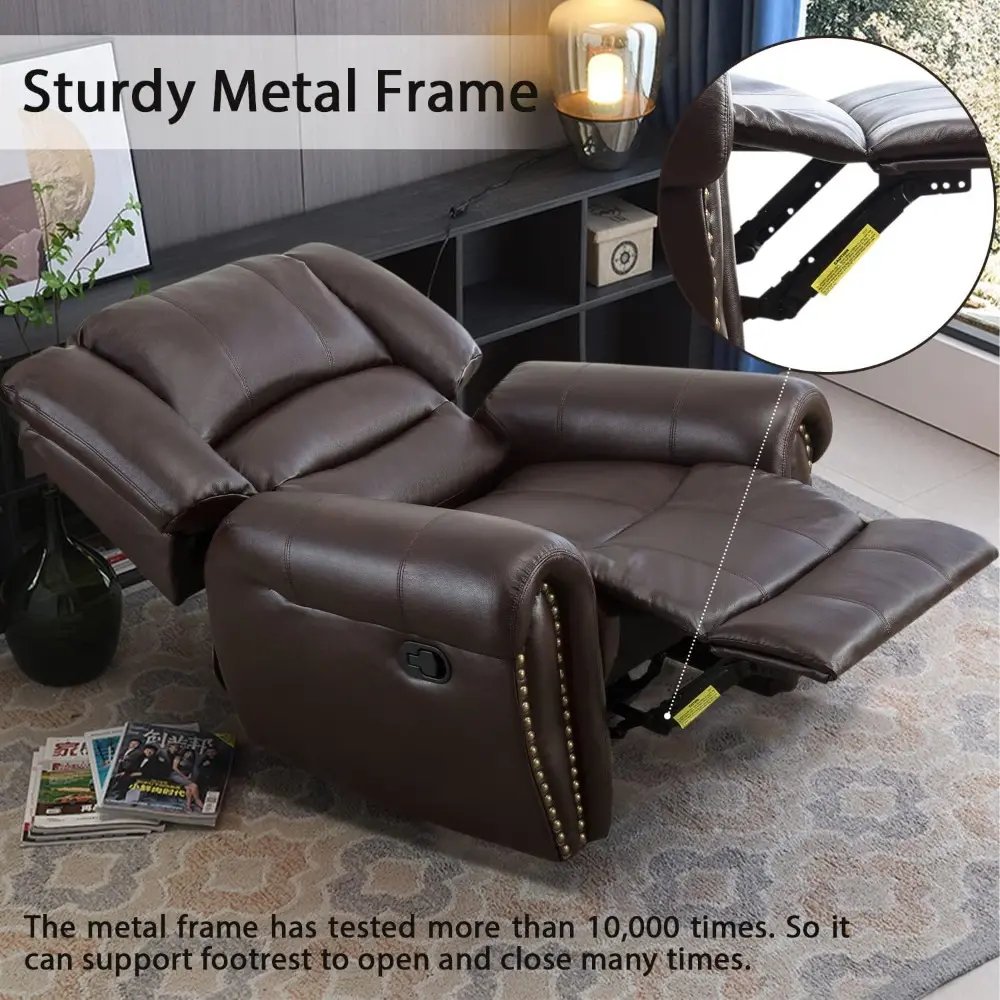 Leather Recliner Chair, Heavy Duty Manual Reclining Sofa Single Lounge Sofa for Living Room, Home Theater Seating, Brown
