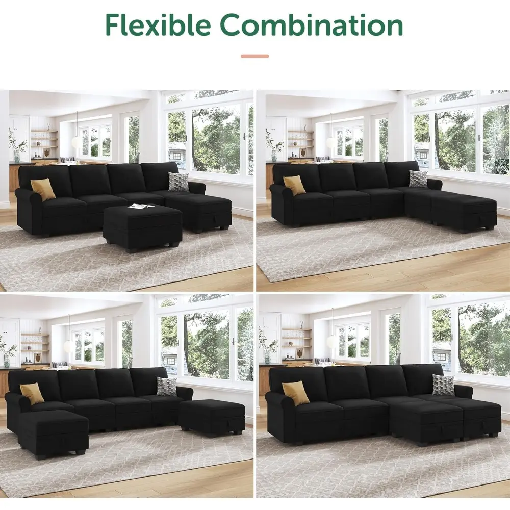 Sectional Sofa with Storage Seat Velvet U Shaped Couch with Reversible Chaise Convertible Sectional Couches for Living Room,Bla